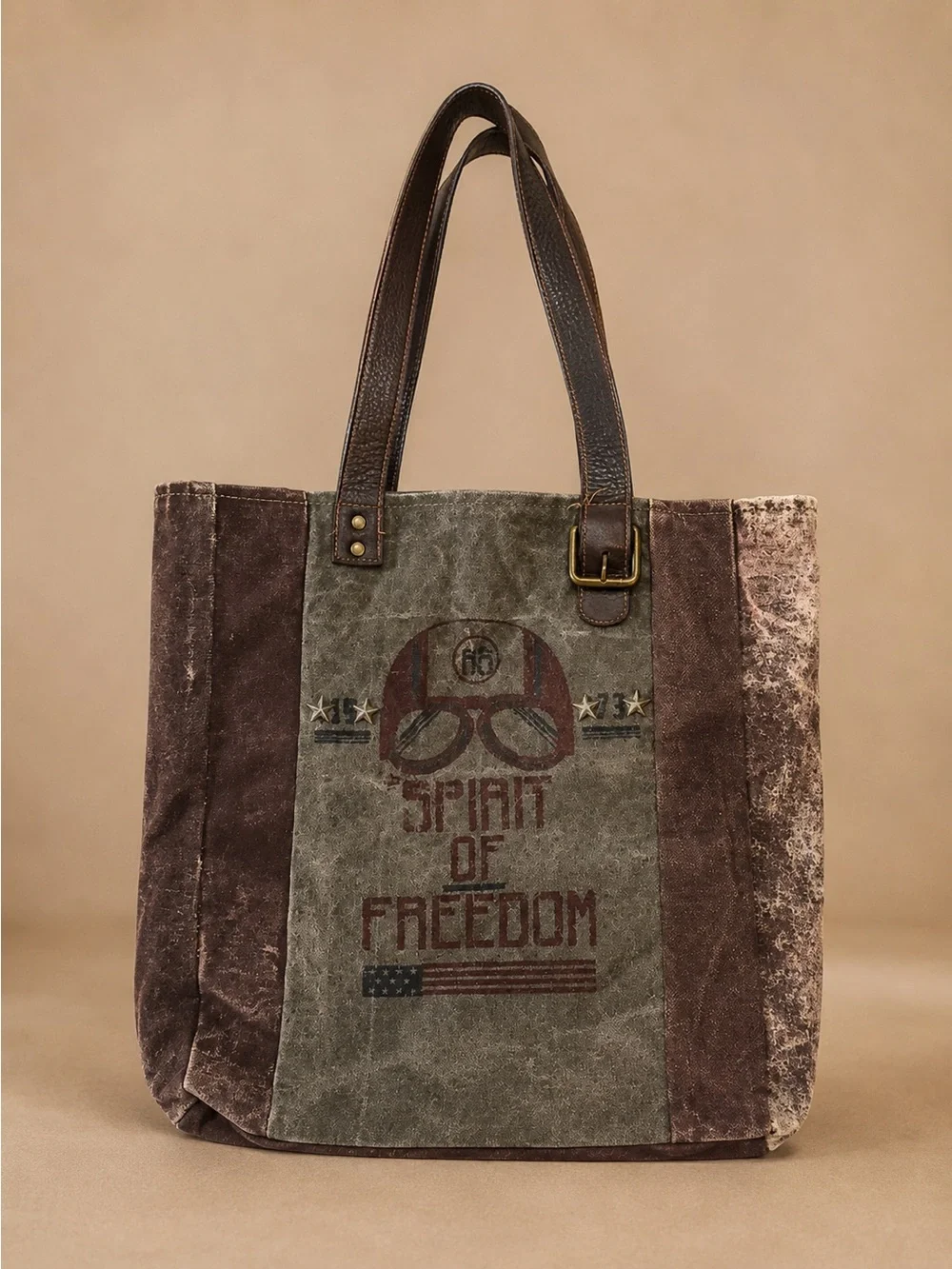 Mona b Vintage Style Distressed Canvas and Leather “Spirit of Freedom” Tote Bag